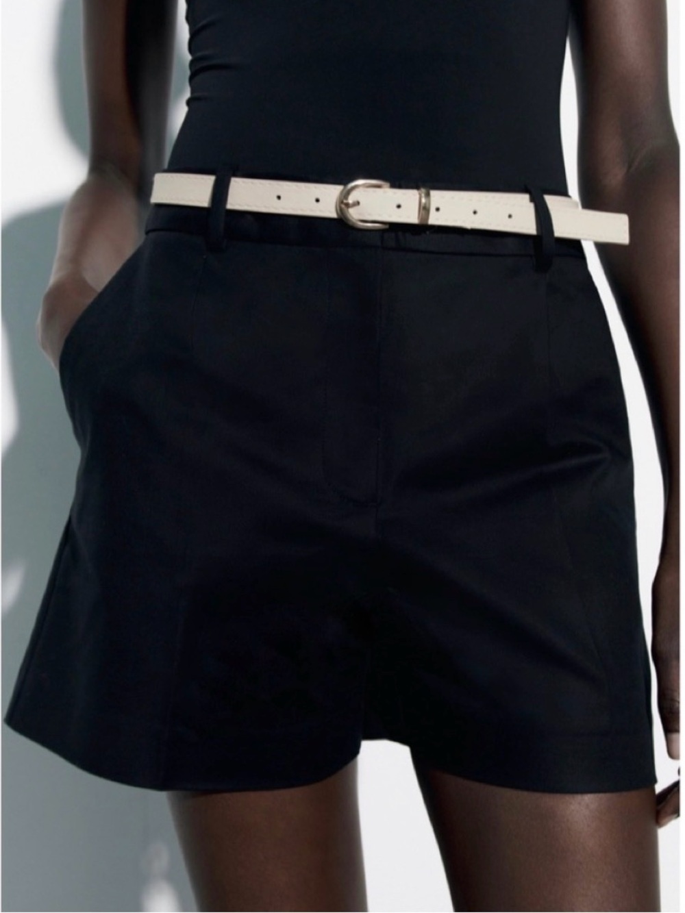Zara Black High-Waist Shorts with Cream Belt